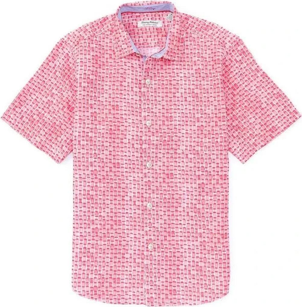 TOMMY BAHAMA Coconut Point Fade Away Geo Short Sleeve Button-up Shirt in Pink